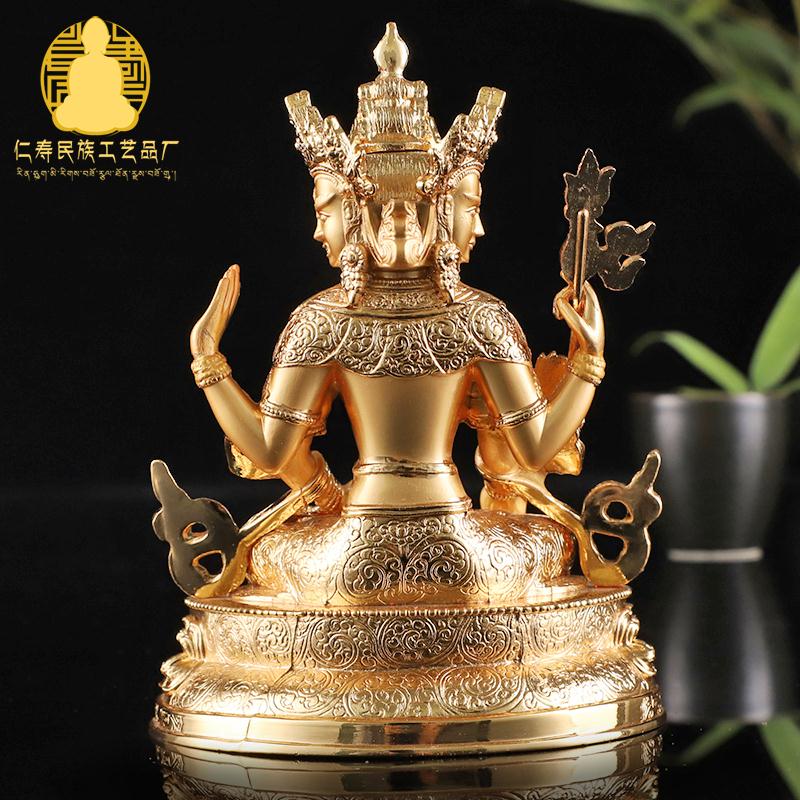 速发藏传佛像密宗工艺品摆饰三面观音 合金电镀金不空绢索观音