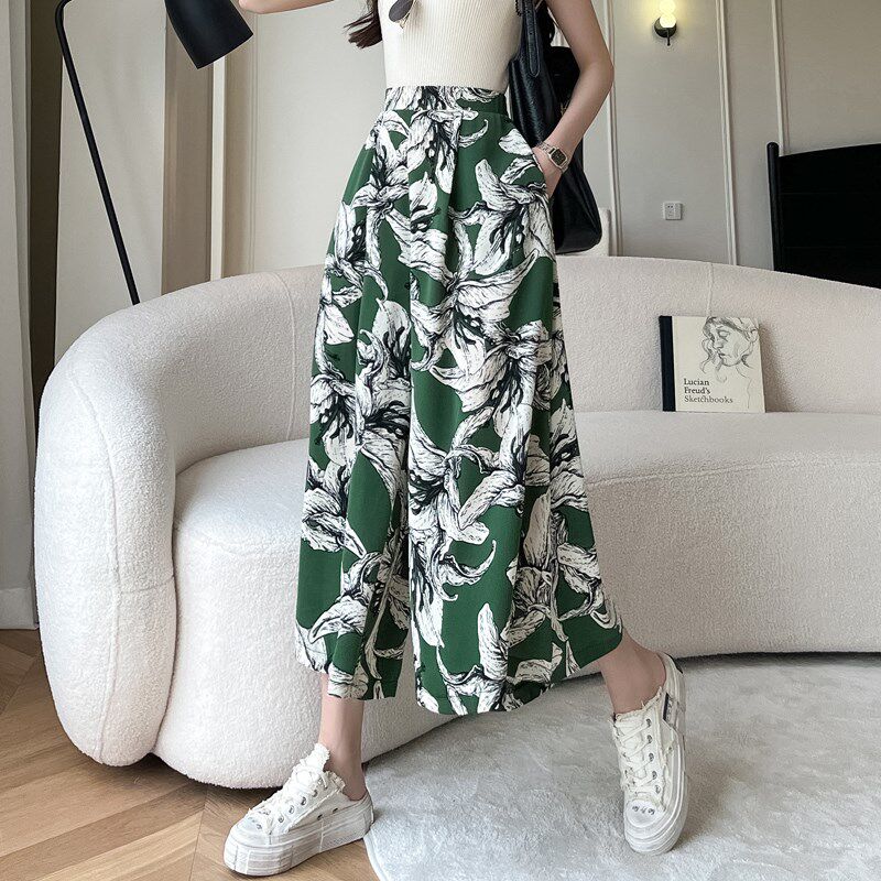现货速发阔腿裤2025新款直筒裤垂感度假风九分裙碎花休闲裤子夏