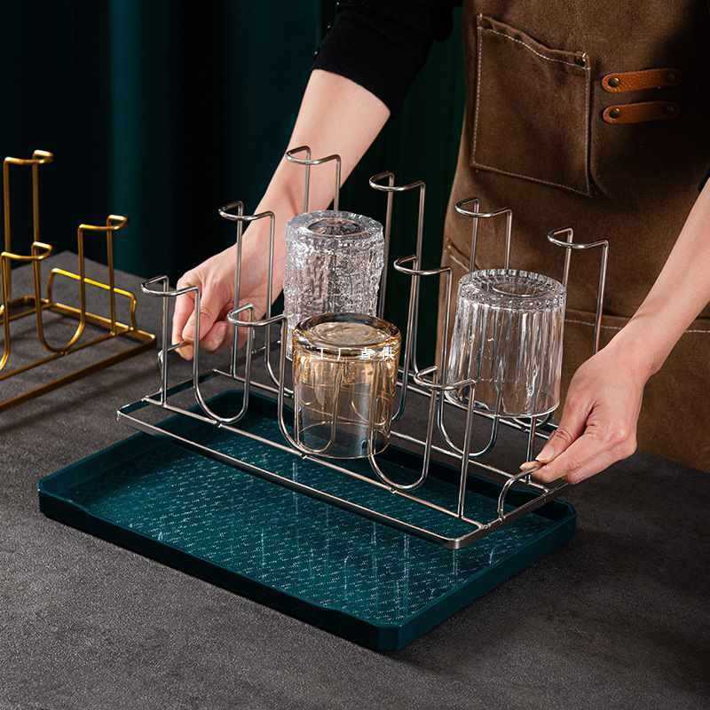 批发12杯架放杯子置物架家用沥水托盘不锈钢倒扣8杯6杯架玻璃杯收