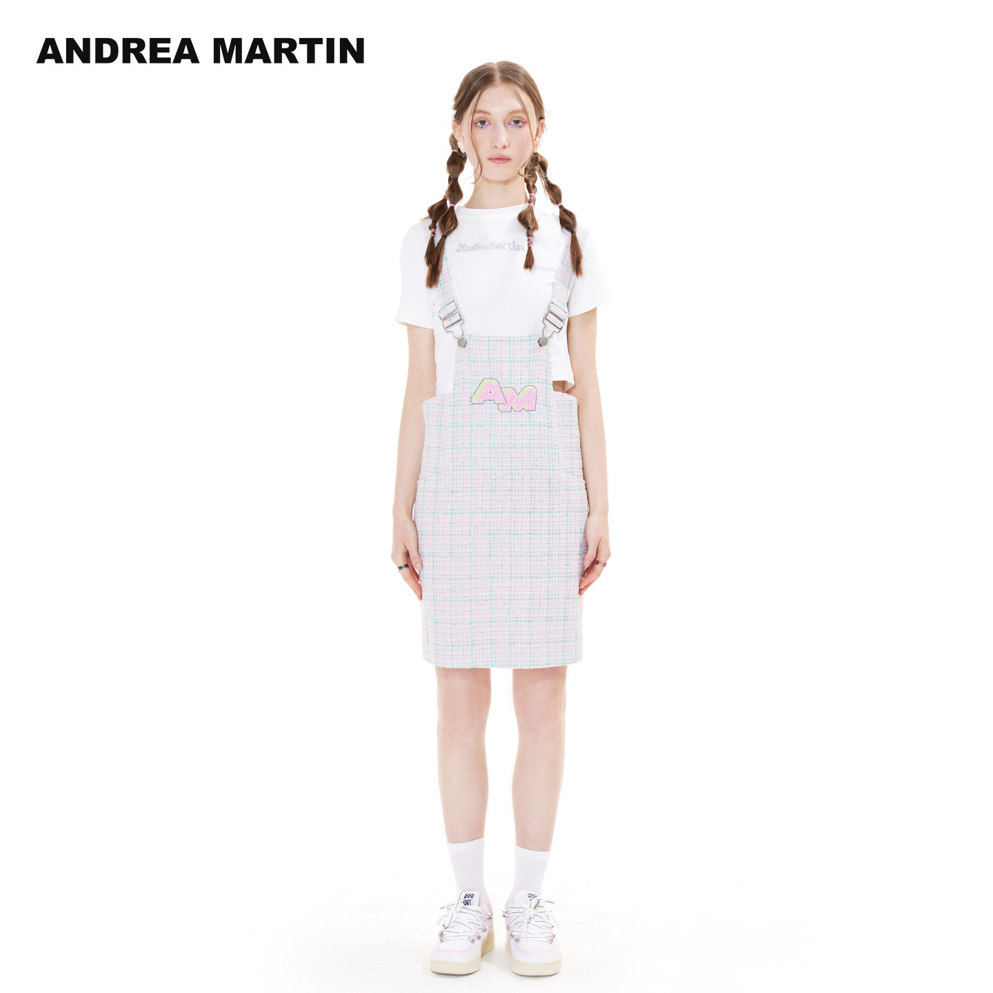 ANDREA MARTIN2026夏新款甜美粉绿格子简约工装风女休闲背带短裙