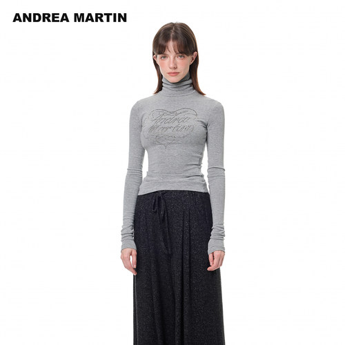ANDREA MARTIN冬新款简约风高领烫钻长袖T恤女修身打底衫上衣