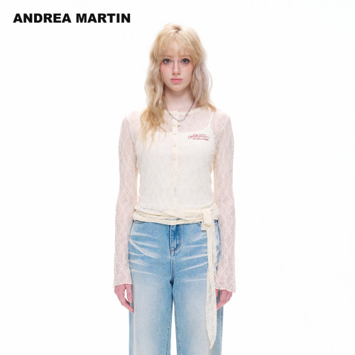 ANDREA MARTIN2026秋新款蕾丝系带烫钻喇叭长袖上衣修身显瘦小衫