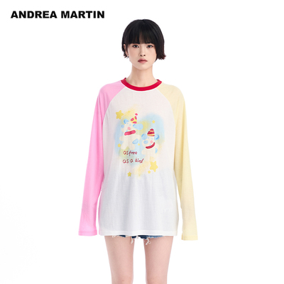 ANDREA MARTIN2025夏季新款长袖T恤女圆领插肩袖印花拼色宽松上衣