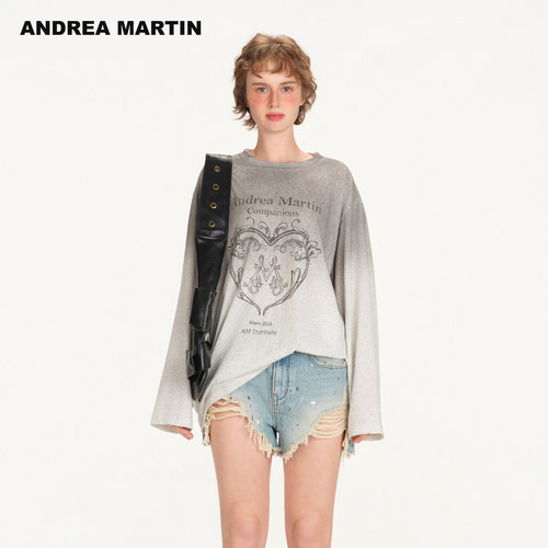 【吴宣仪李一桐同款】ANDREA MARTIN26秋新款磨破渐变印花长袖T恤