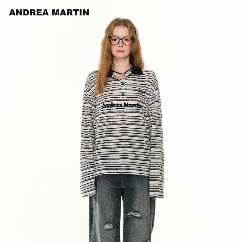【罗予彤同款】ANDREA MARTIN2025新款条纹长袖T恤女打底衫上衣