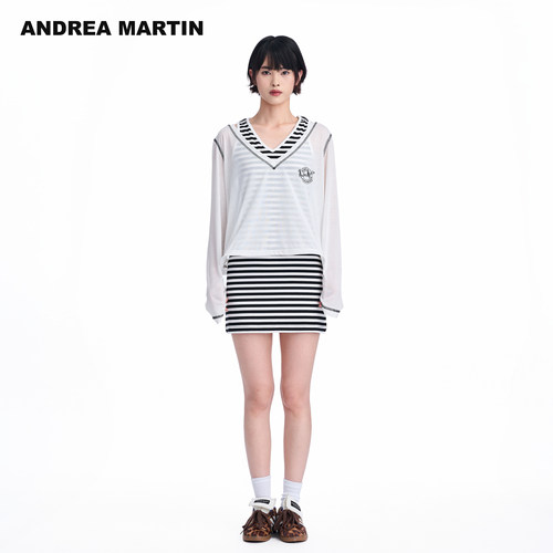 ANDREA MARTIN秋季新款黑白条纹假两件套背心女V领宽松连衣裙