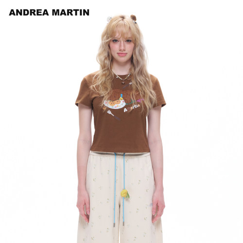 ANDREA MARTIN2026秋季新款甜趣毛巾绣小狗印花女休闲修身短袖T恤