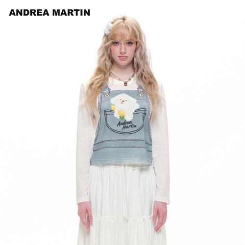 ANDREA MARTIN2026秋新款假背带小狗印花女短减龄圆领长袖休闲T恤