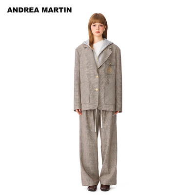 ANDREA MARTIN2025秋冬新品格纹假两件连帽卫衣西装阔腿裤套装女