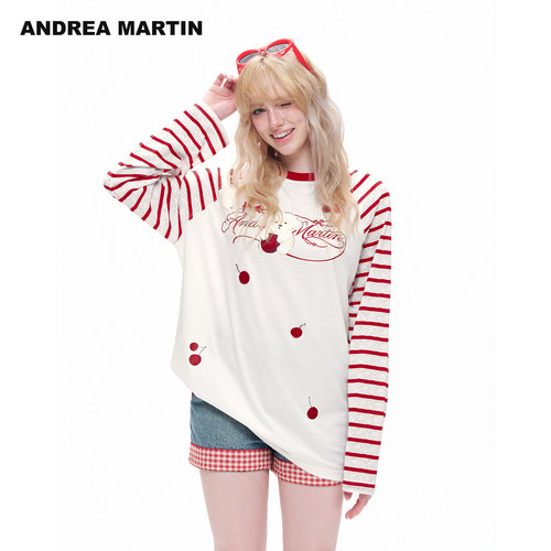 ANDREA MARTIN2026秋季新款刺绣印花小狗条纹拼接宽松插肩长袖T恤