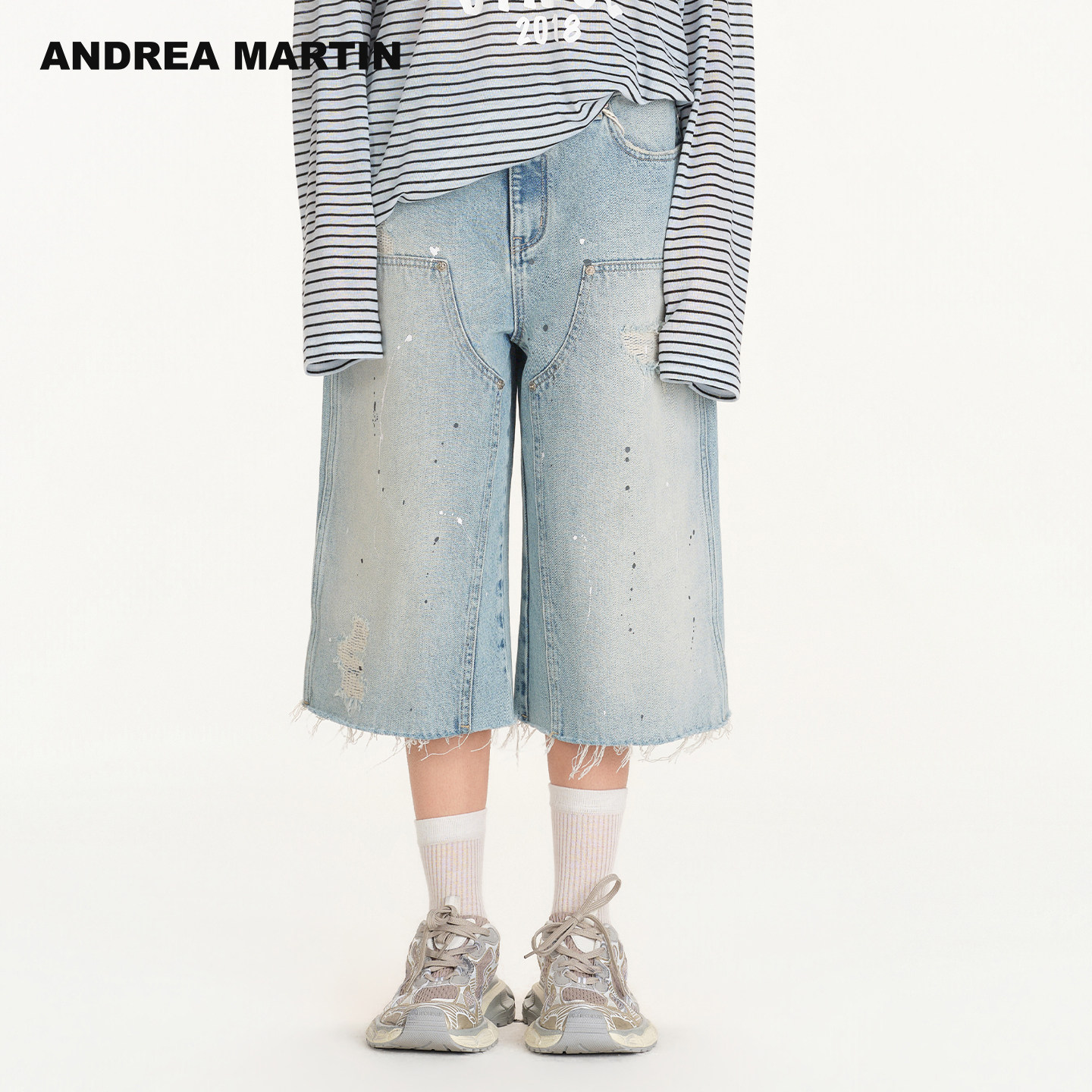 ANDREA MARTIN26春夏新款泼墨破洞毛边高腰阔腿休闲五分牛仔中裤