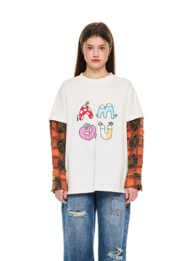 ANDREA MARTIN秋冬新款logo印花衬衫拼接翻袖设计长袖卫衣T恤