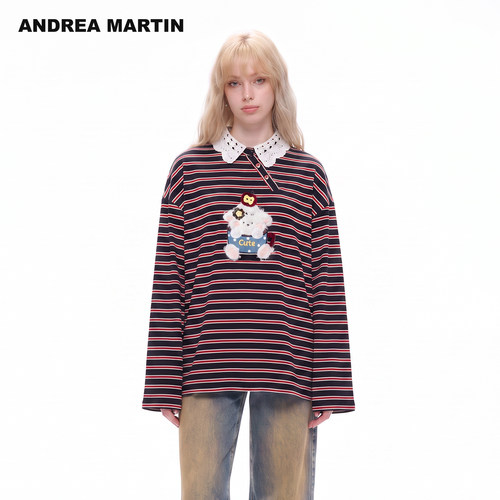 严选ANDREA MARTIN2026秋新款条纹蕾丝领贴布绣女宽松减龄长袖T恤