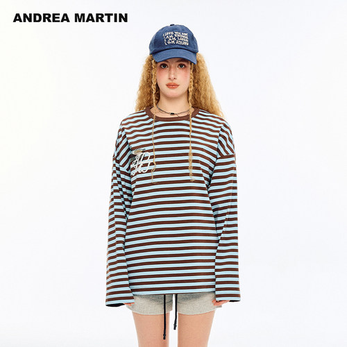 ANDREA MARTIN夏季新款条纹长袖T恤女宽松休闲纯棉圆领上衣