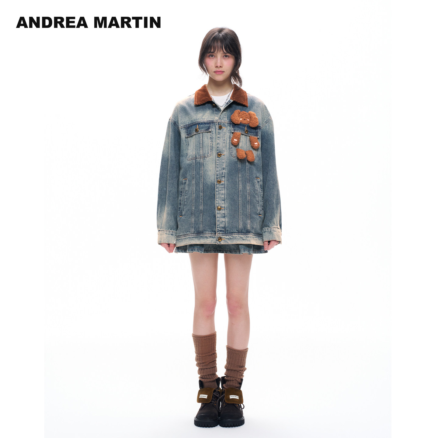 ANDREA MARTIN2026秋新款复古毛绒小狗宽松渐变工装牛仔夹克外套