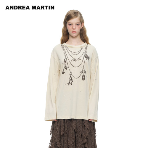 ANDREA MARTIN2026秋季新款杏色链条印花烫钻女宽松休闲长袖T恤