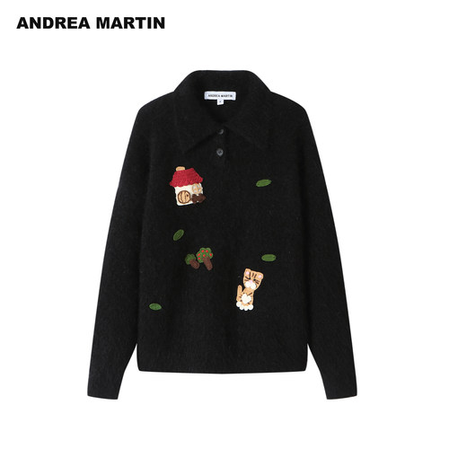ANDREA MARTIN冬新款卡通刺绣翻领针织衫女宽松百搭休闲毛衣