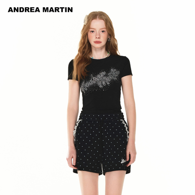 【王楚然同款】ANDREA MARTIN夏新款短袖T恤女烫钻修身短款上衣