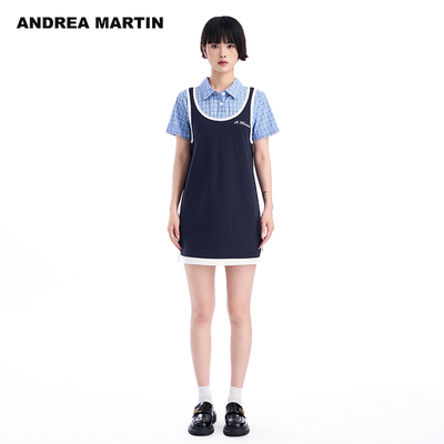 ANDREA MARTIN2025夏季新款假两件连衣裙拼接短袖衬衫领中裙