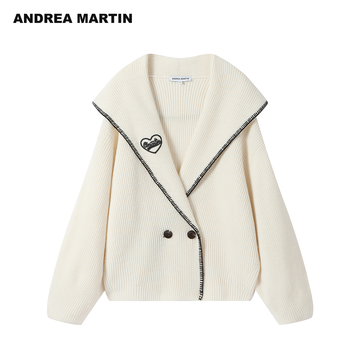 ANDREA MARTIN2025秋冬新款撞色翻领针织开衫女刺绣毛衣宽松外套