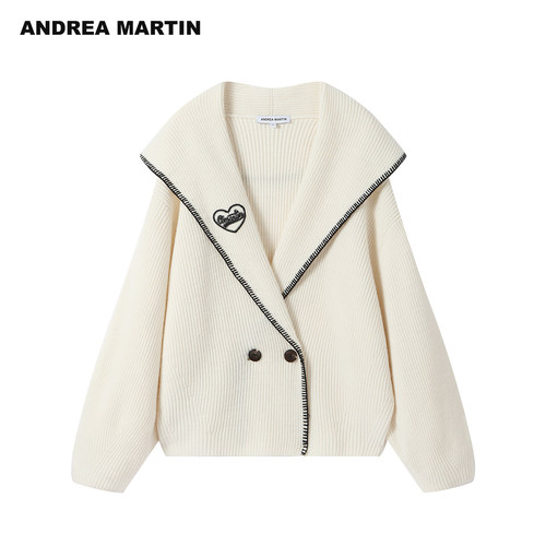 ANDREA MARTIN秋冬新款撞色翻领针织开衫女刺绣毛衣羊毛外套
