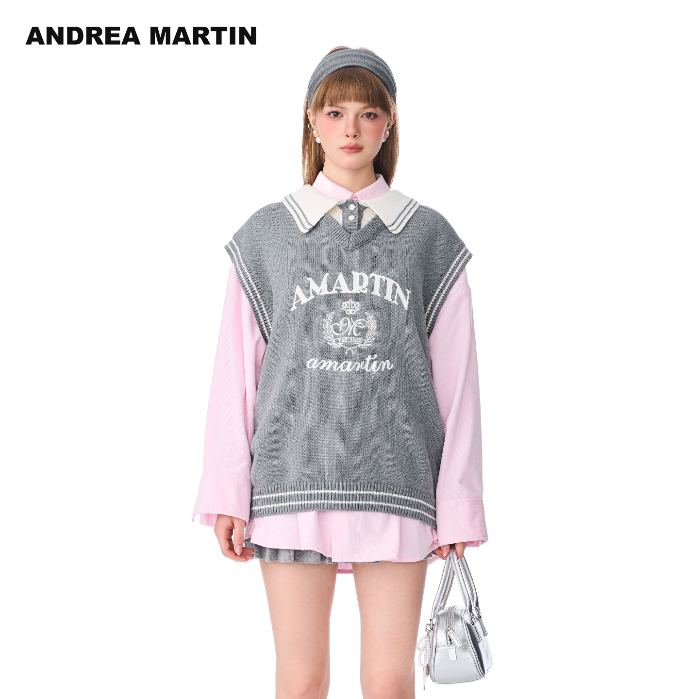 【明星同款】ANDREA MARTIN 2025秋冬新款假两件刺绣男女针织背心