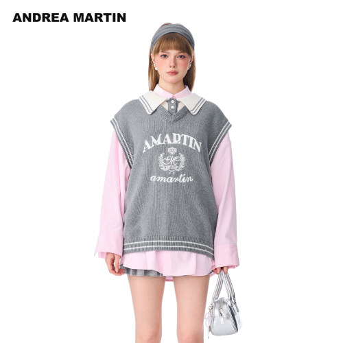 【明星同款】ANDREA MARTIN 2025秋冬新款假两件刺绣男女针织背心