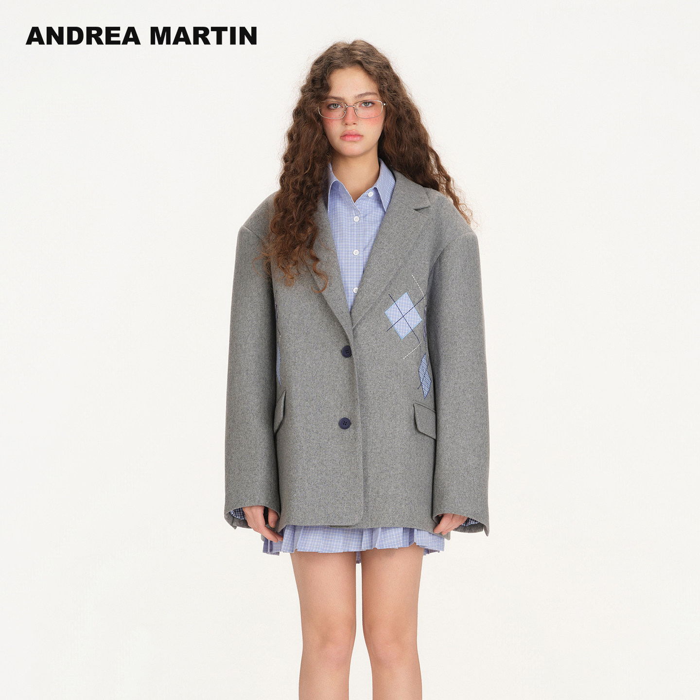 ANDREA MARTIN2026新款灰色毛呢西装外套女菱形格宽松休闲春装