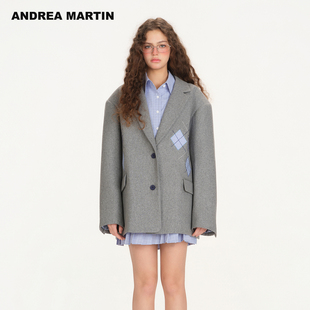 外套女菱形格宽松休闲春装 灰色毛呢西装 MARTIN2026新款 ANDREA
