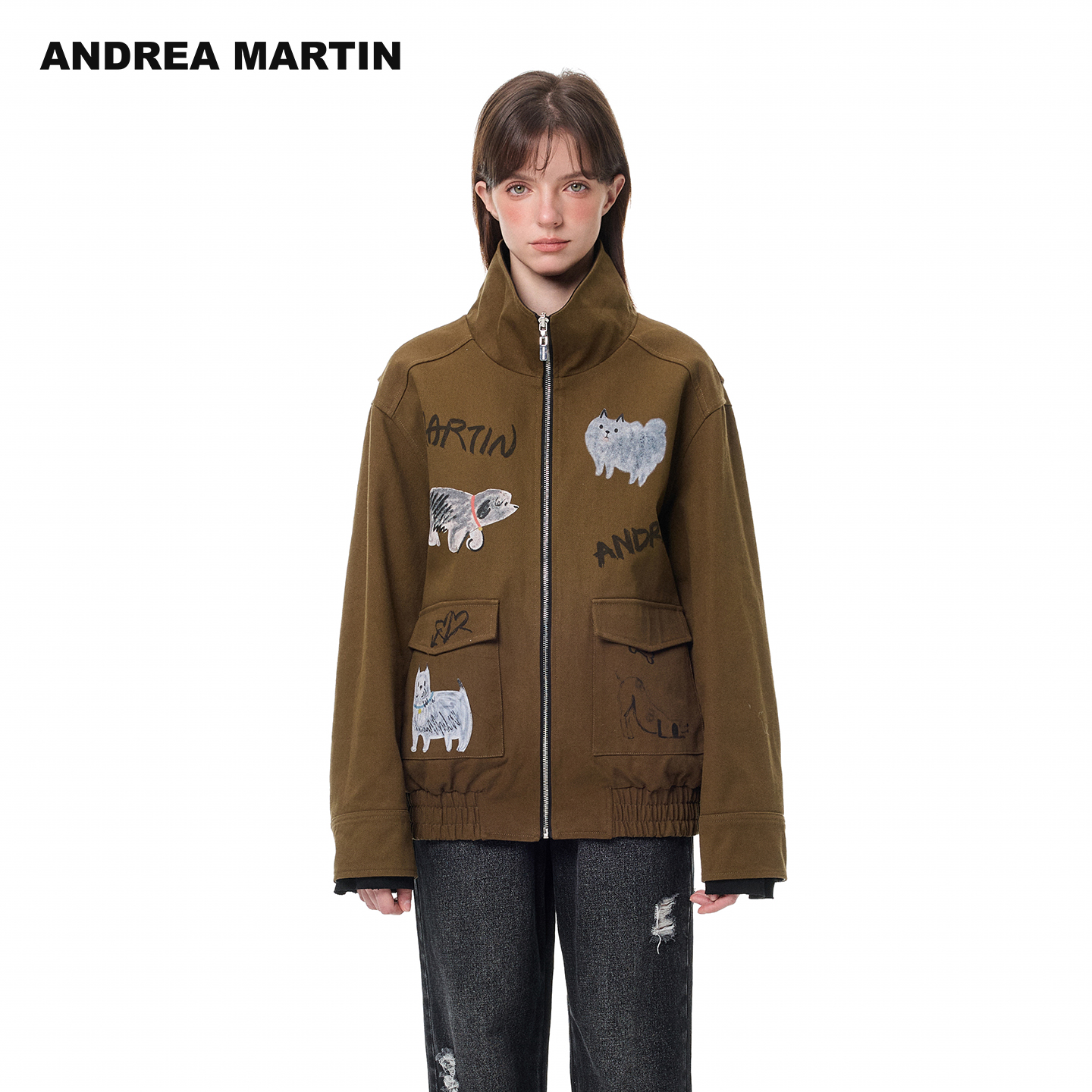 ANDREA MARTIN2025秋冬新款双面穿小狗涂鸦印花保暖夹克短外套