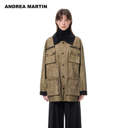 ANDREA MARTIN秋冬新款复古拼接工装皮衣夹克外套男女同款