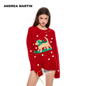 ANDREA 新年红毛针织衫 MARTIN秋冬新款 毛衣红色滑板小狗套头衫