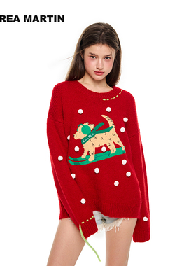 ANDREA MARTIN秋冬新款毛衣红色滑板小狗套头衫新年红毛针织衫