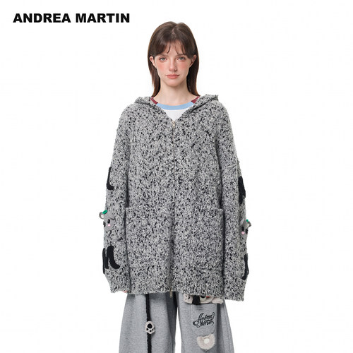 ANDREA MARTIN秋冬新品贴布刺绣毛衣连帽针织开衫男女同款