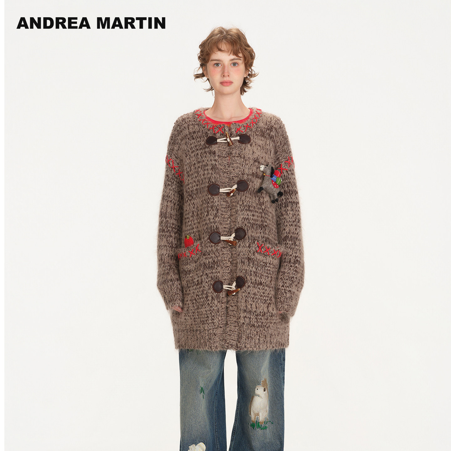 ANDREA MARTIN2026新款含羊毛针织女开衫中长款宽松牛角扣外套春,女装/女士精品,毛针织衫,淘宝优惠券,粉丝福利购,淘宝优惠卷