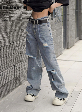 ANDREA MARTIN秋冬新款蓝色牛仔裤宽松破洞休闲裤