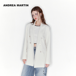 白色条纹双排扣刺绣西装 外套 MARTIN冬新款 ANDREA