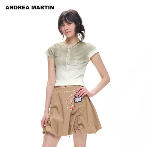 【韩雨彤同款】ANDREA MARTIN2026秋新款渐变烫钻亨利领女短袖T恤