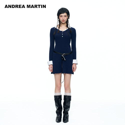 ANDREA MARTIN2026秋新款藏青色假两A字女修身收腰长袖针织连衣裙