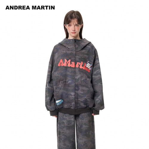 ANDREAMARTIN2026秋季新款卫衣女连帽开衫卡通休闲宽松迷彩外套