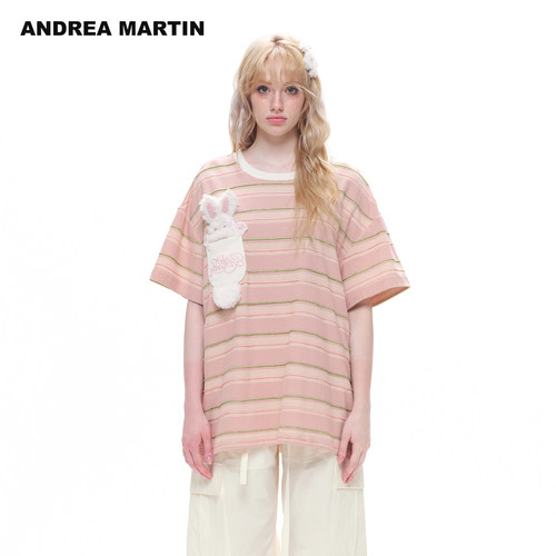 ANDREA MARTIN2026夏季新款粉色立体小兔条纹短袖女宽松休闲T恤