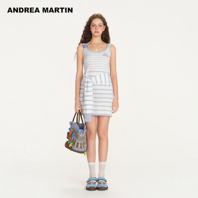ANDREA MARTIN2026夏季新款条纹立体钩织收腰系带休闲吊带连衣裙
