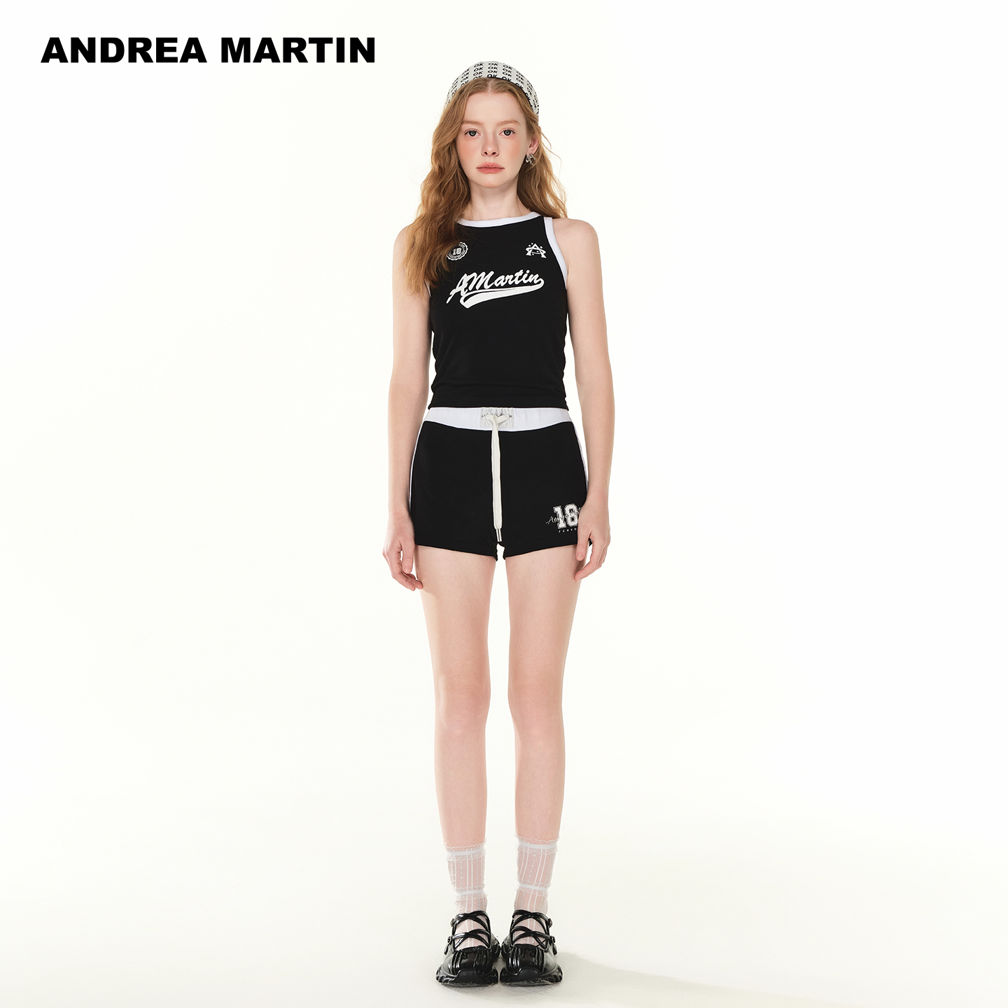 ANDREA MARTIN2025新款时尚套装女圆领无袖T恤印花背心拼色短裤