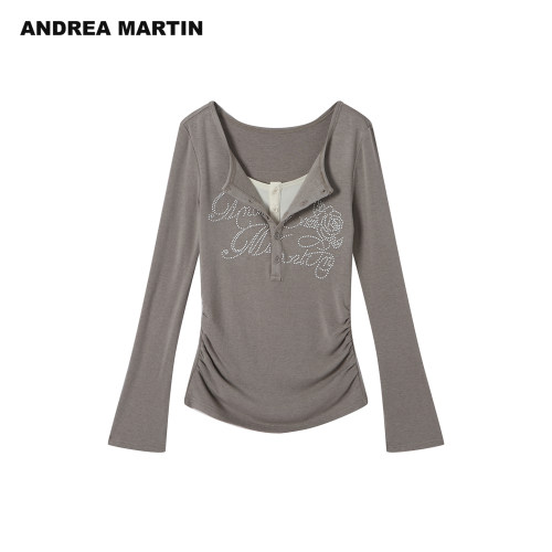 ANDREA MARTIN2026冬新款烫钻字母玫瑰女收腰亨利领假两件长袖T恤