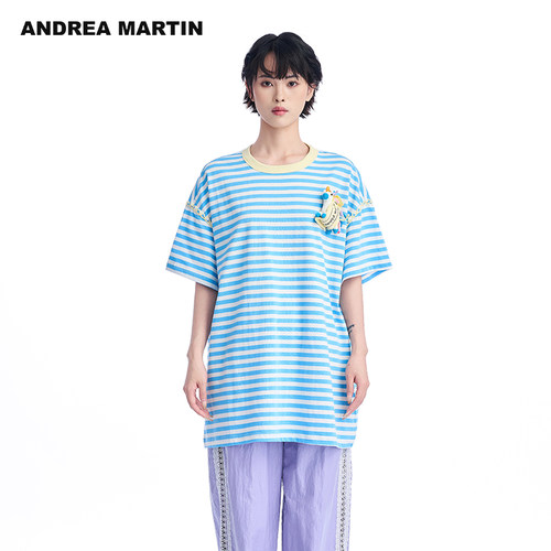 ANDREA MARTIN夏季新款条纹撞色钩织趣味玩偶短袖圆领T恤