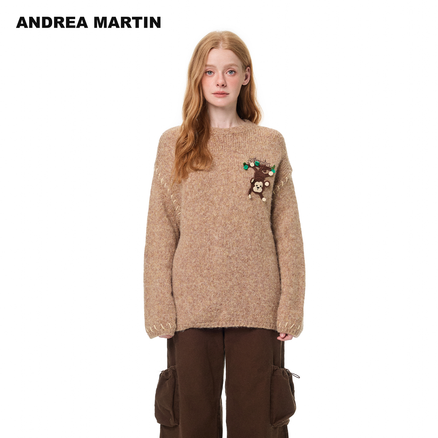 ANDREA MARTIN2025秋冬新款圆领趣味钩织男女毛衣宽松保暖针织衫