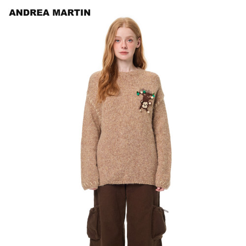 ANDREA MARTIN秋冬新款圆领趣味钩织男女毛衣宽松保暖针织衫