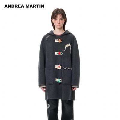 ANDREA MARTIN2025秋冬新款复古趣味装饰双面毛呢大衣女保暖外套