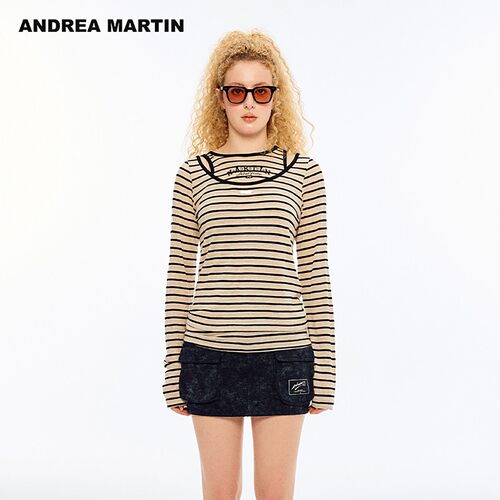 ANDREA MARTIN2026夏季新款条纹长袖T恤女宽松休闲百搭背心两件套