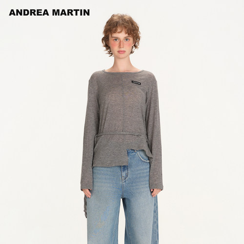 ANDREA MARTIN2026秋季新款不对称系带绵羊毛轻薄女长袖针织罩衫